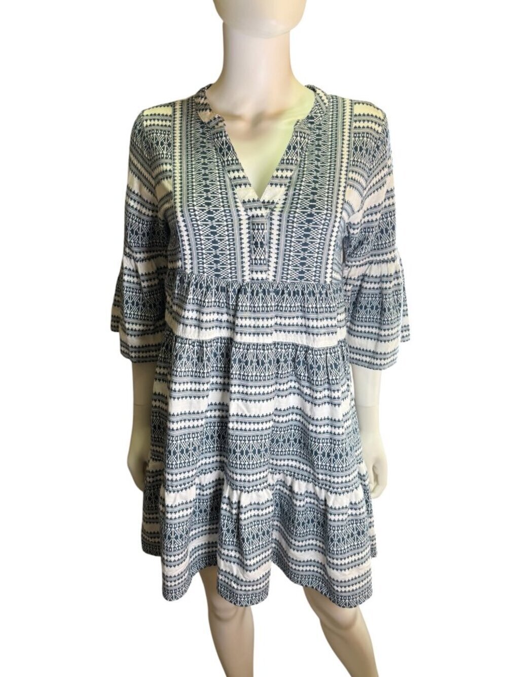 Ariat Womens Savanna Tiered Boho Dress Blue & White Geometric Print Sz Small EUC